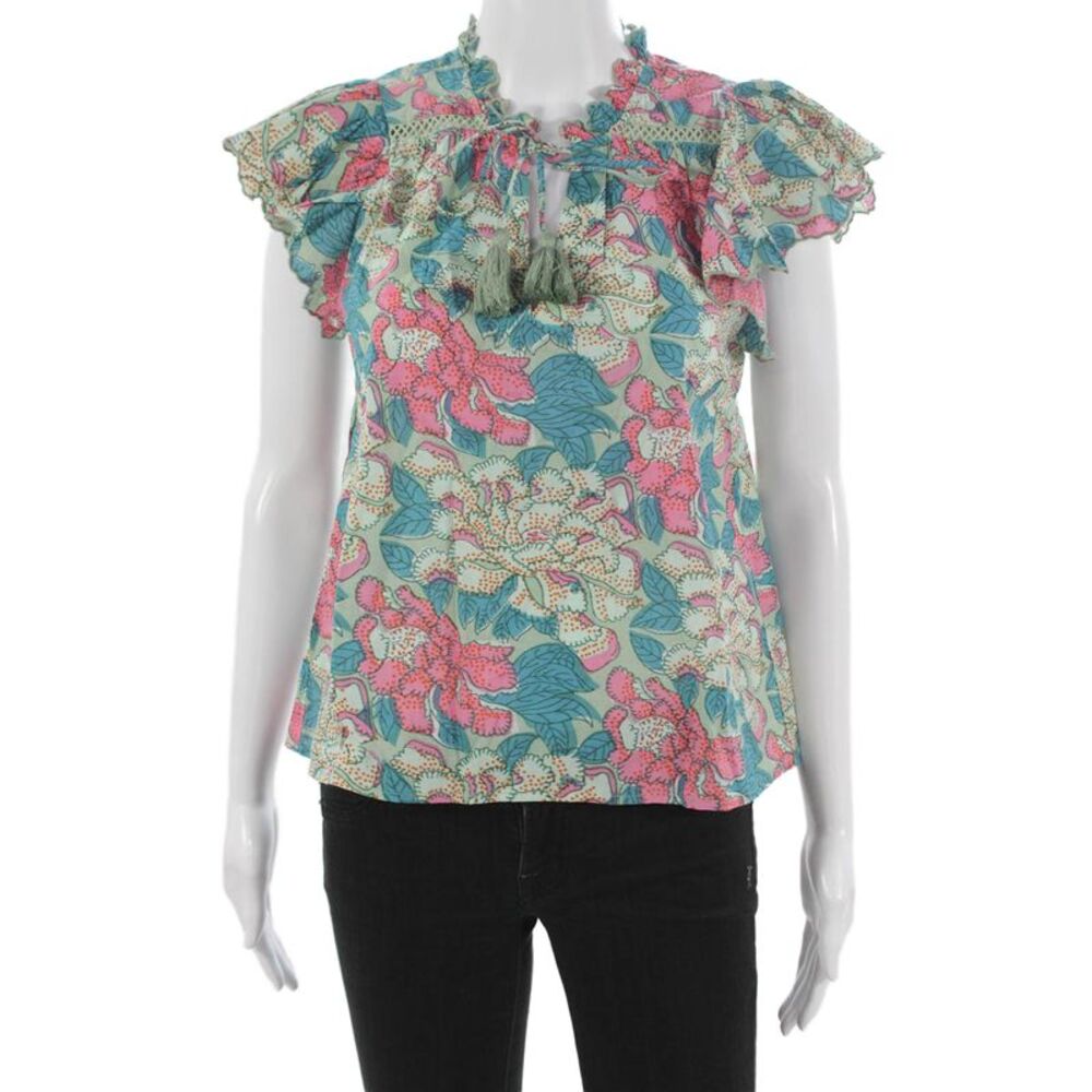 Allison Womens Blouse Floral Cotton V-Neck Tie Short Sleeve Multicolor Size XS